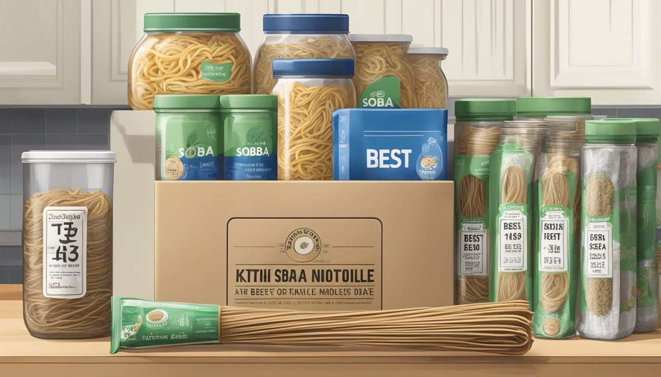 A package of expired soba noodles next to a "best by" date on a kitchen shelf