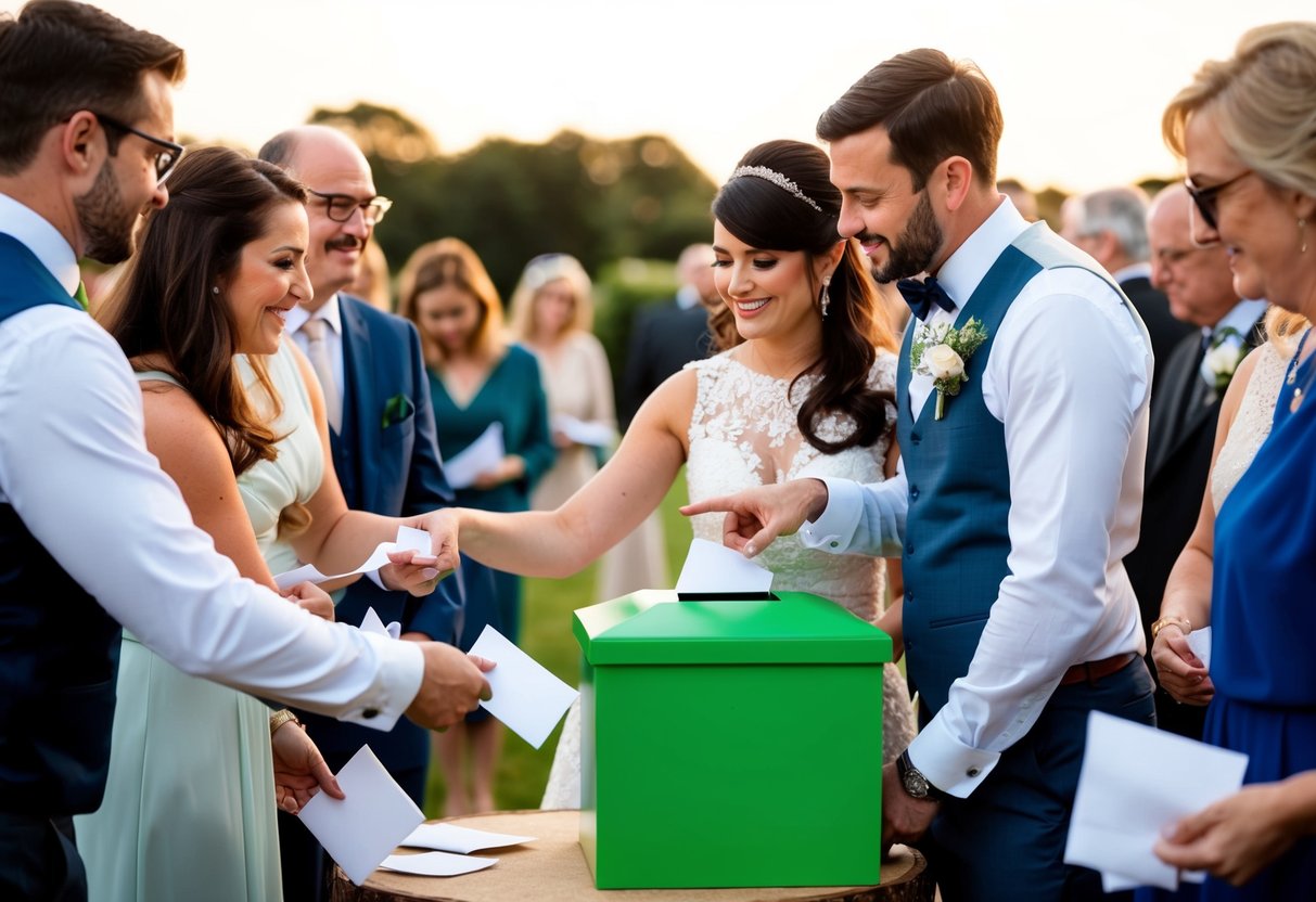 A couple pointing to a charity donation box at their wedding, surrounded by guests dropping off envelopes