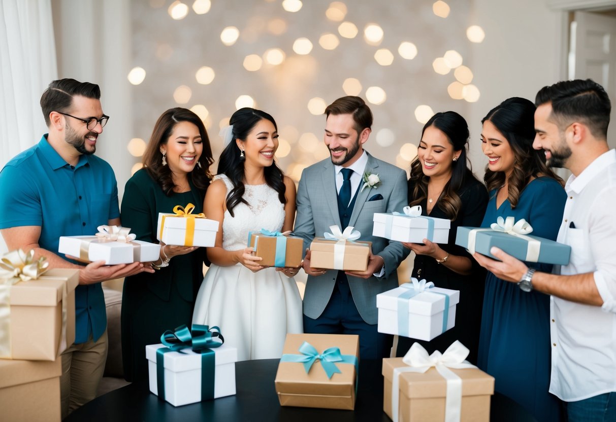 A couple surrounded by friends opening non-traditional wedding gifts like experiences, charitable donations, or personalized items