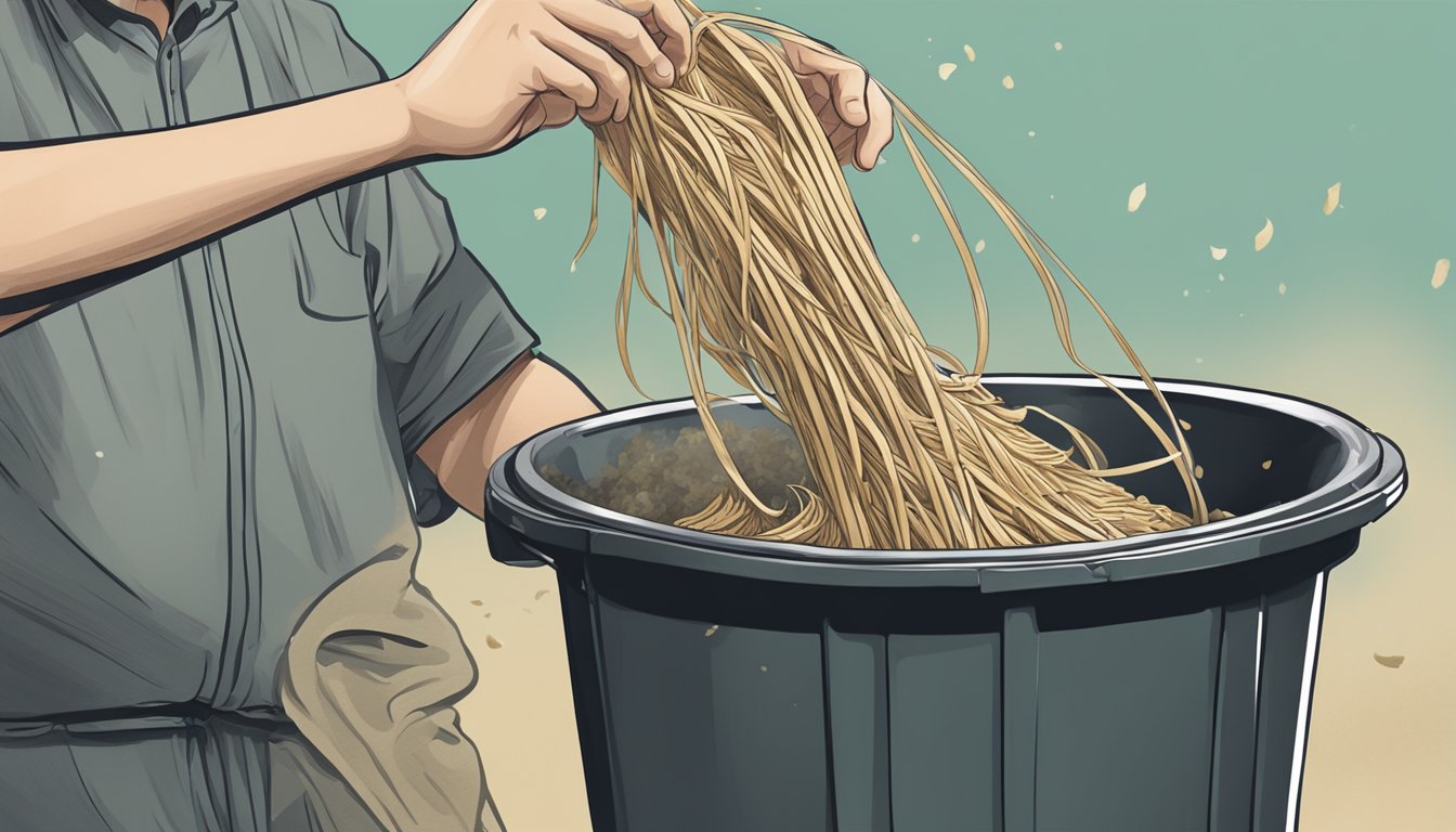 A person discarding expired soba noodles into a trash bin