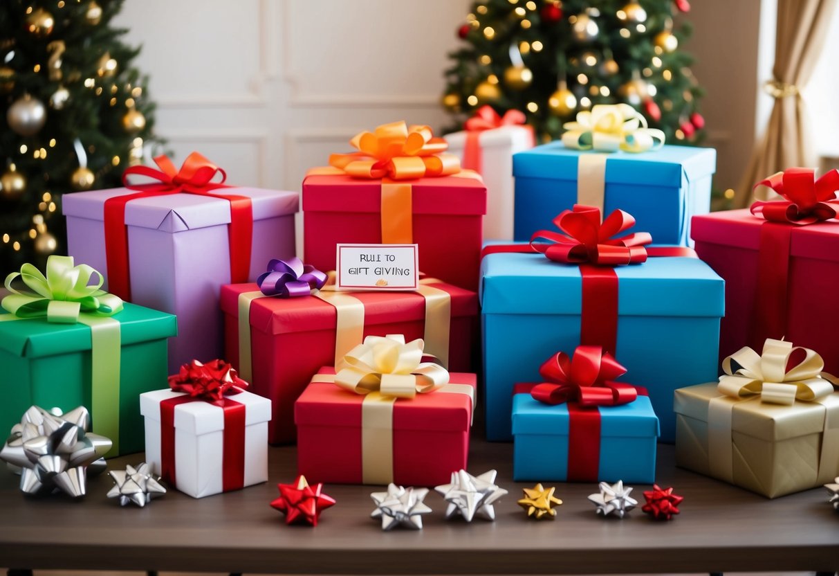 A table filled with wrapped gifts of various sizes and colors, adorned with ribbons and bows. A sign indicates the rule for gift-giving