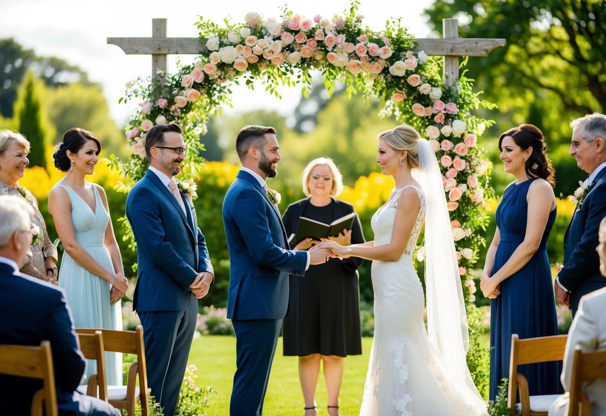 A bride and groom stand beneath a flower-covered arch in a sunlit garden, surrounded by family and friends. A close friend officiates the ceremony, speaking heartfelt words as the couple exchanges vows
