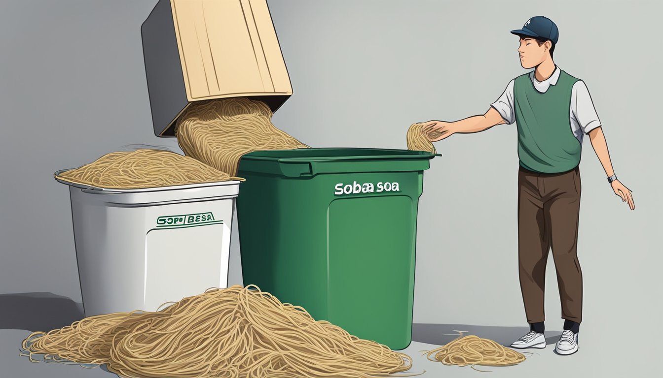 A person throwing away expired soba noodles into a trash can