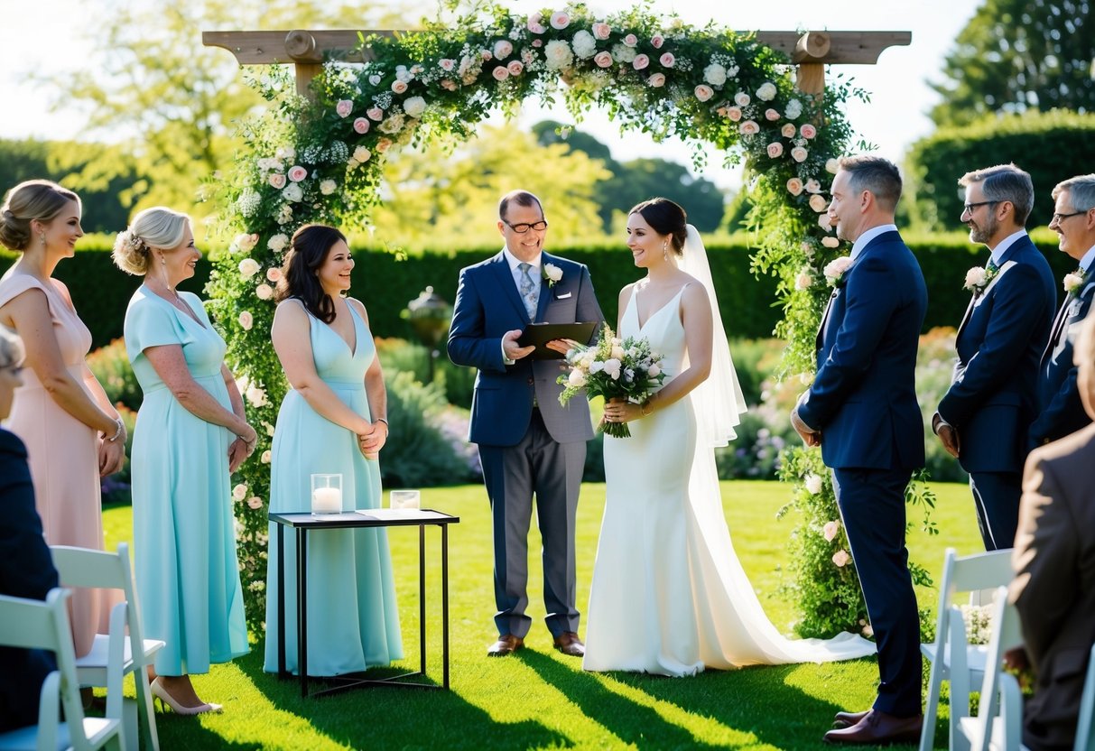 A couple stands beneath a floral arch in a sunlit garden, surrounded by friends and family. A celebrant officiates the wedding ceremony, as a small table with legal documents sits nearby