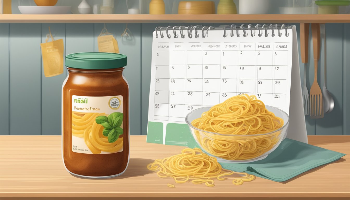 A jar of expired pasta sauce sits on a kitchen shelf next to a calendar, with visible signs of mold and discoloration