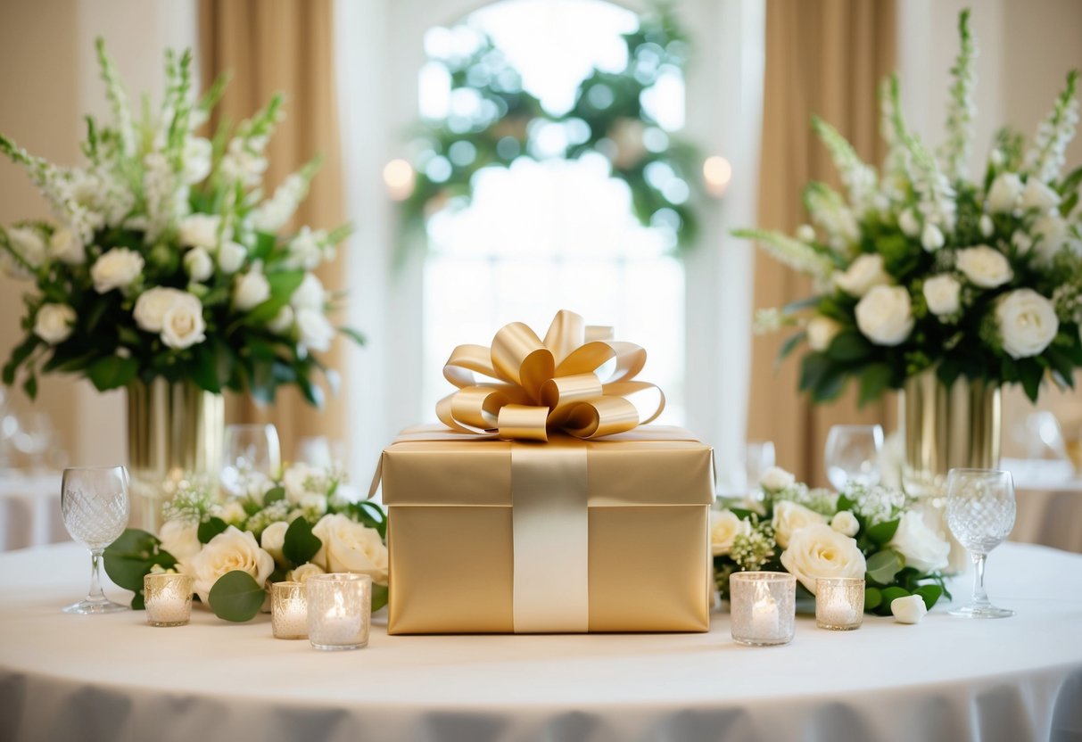 A beautifully wrapped wedding gift placed on a table, surrounded by elegant decor and flowers