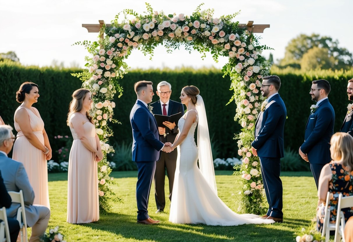 A couple stands beneath a floral arch in a sunlit garden, surrounded by loved ones. An officiant conducts a non-traditional wedding ceremony, symbolizing unity and love