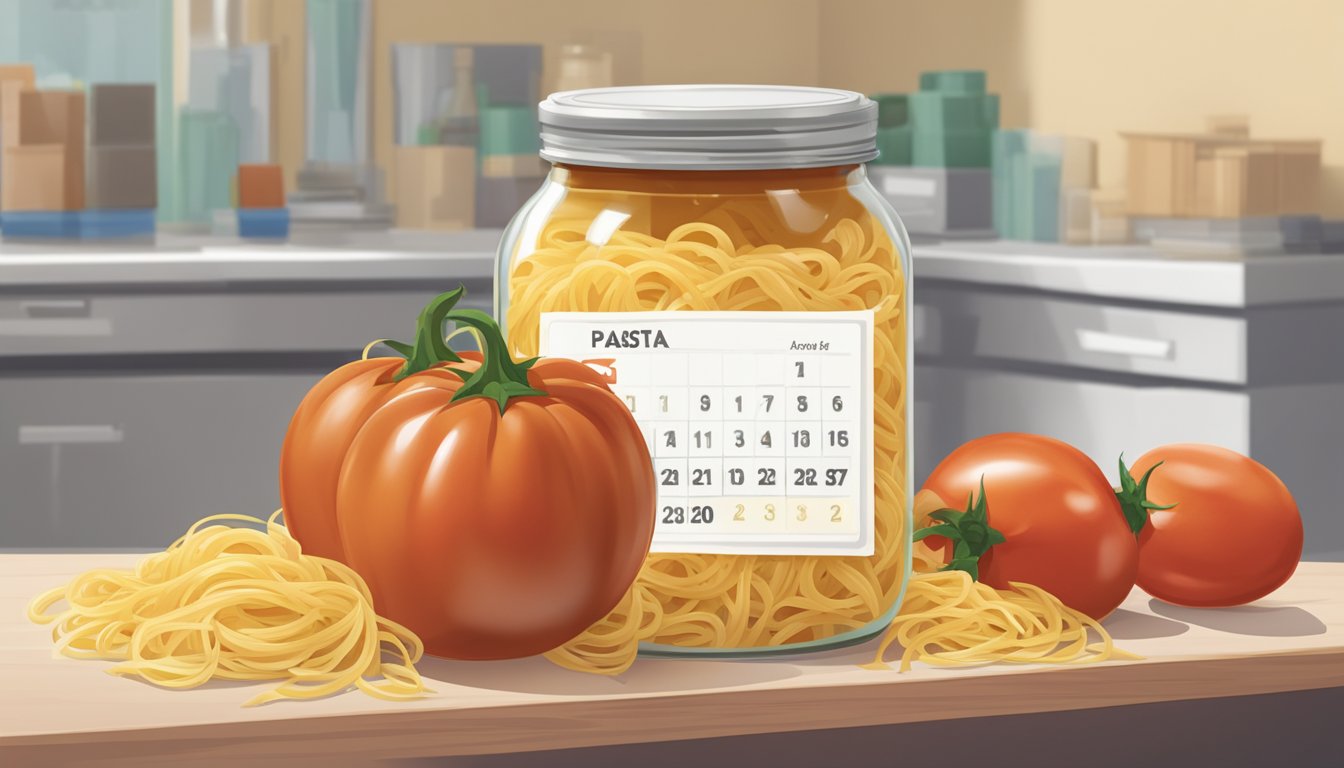 A jar of pasta sauce with mold and a foul odor, sitting next to a calendar showing an expired date