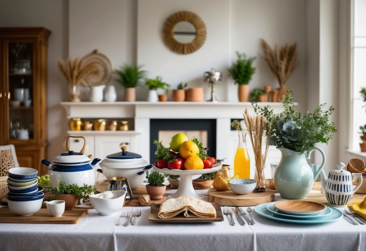 A table with various household items, from kitchenware to decor, displayed in an elegant setting
