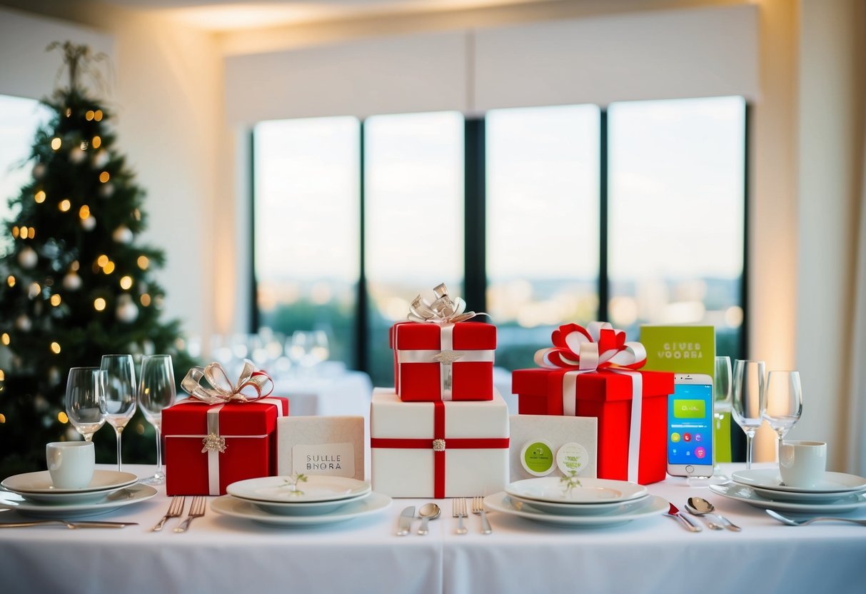 A table with traditional wedding gifts like dishes and silverware, alongside modern items like smart home gadgets and experiences