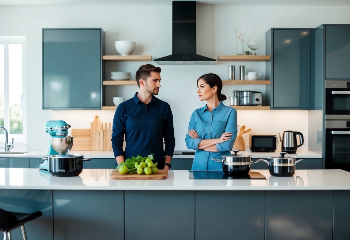 A modern couple stands in a sleek kitchen, surrounded by stylish home goods and appliances. They appear unsure as they ponder the relevance of a wedding registry