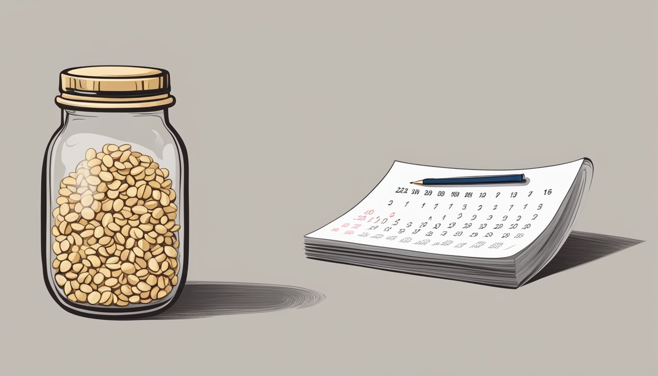 A jar of expired sesame seeds next to a calendar showing the date of expiration