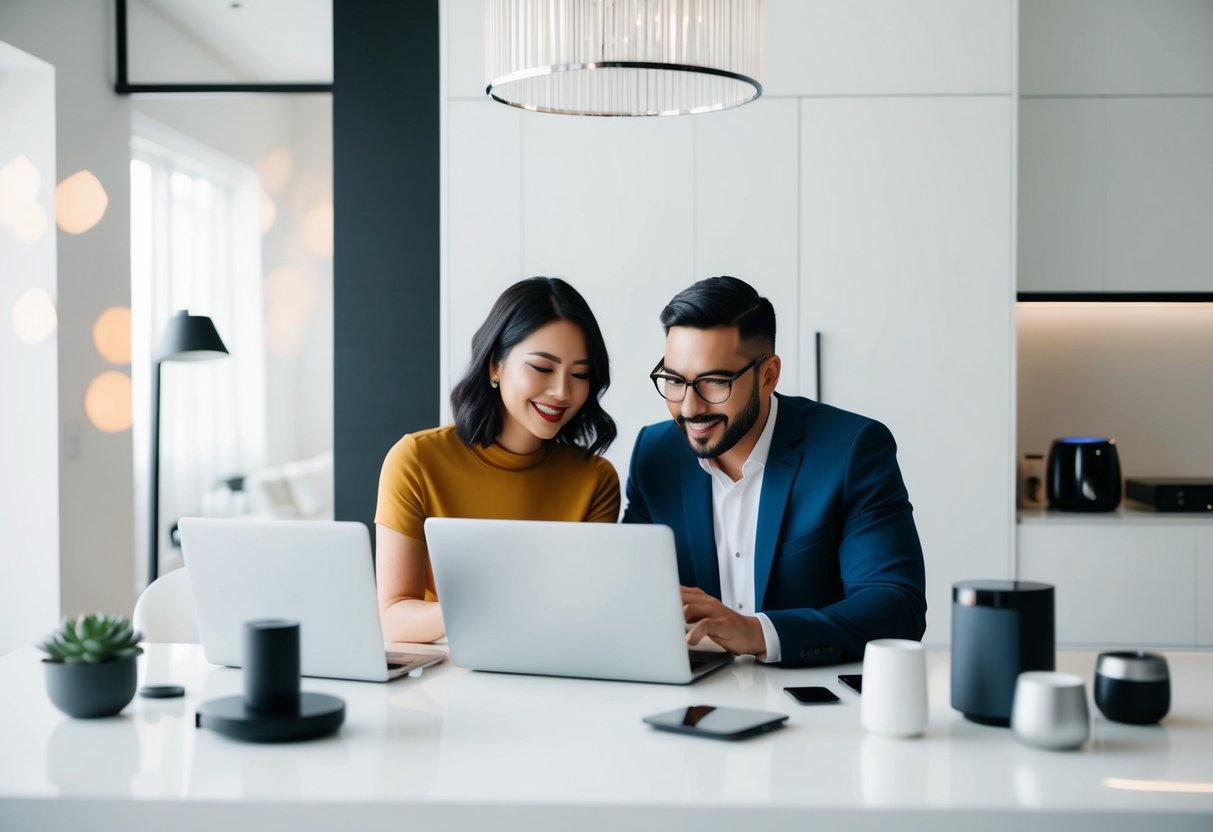 A modern couple browsing online for unique wedding registry ideas, surrounded by sleek, minimalist home decor and high-tech gadgets