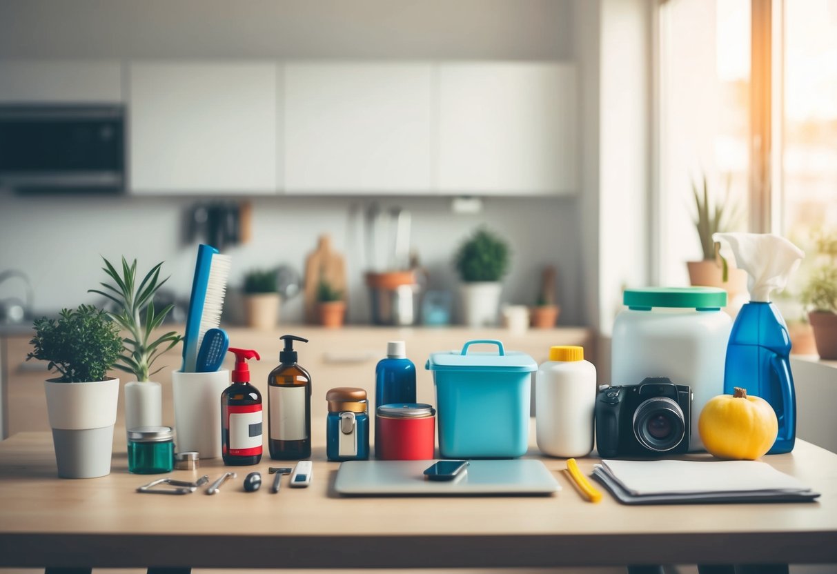 A table with various household items arranged neatly