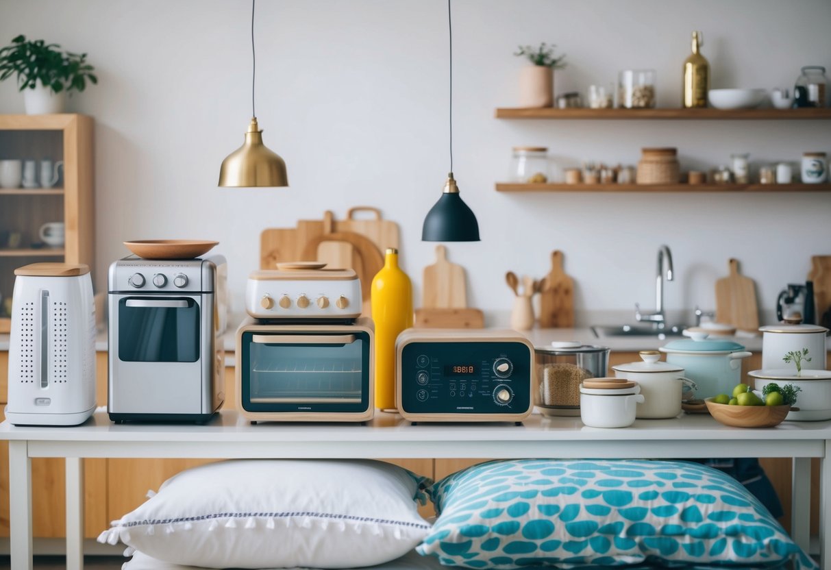 A table with various household items, such as kitchen appliances, bedding, and decor, displayed in an organized manner