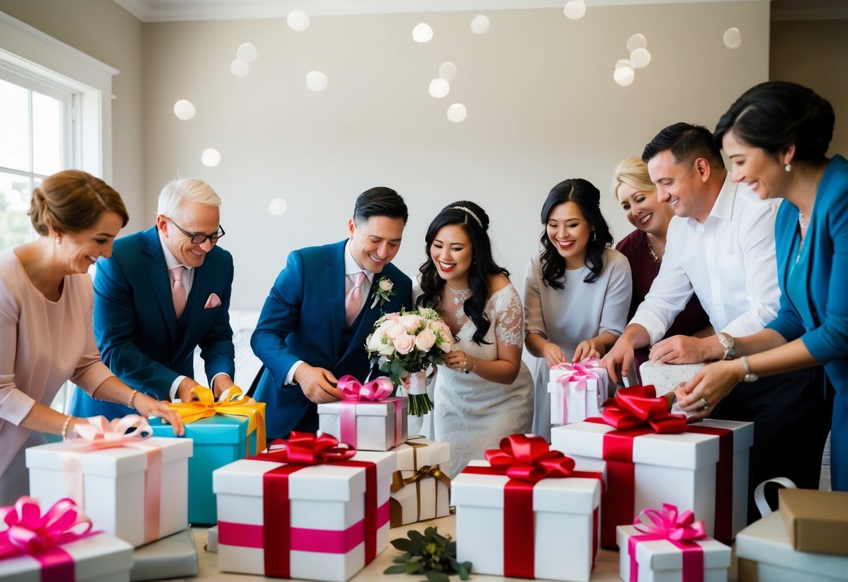 A couple surrounded by friends and family opening gifts at their wedding, with no registry in sight