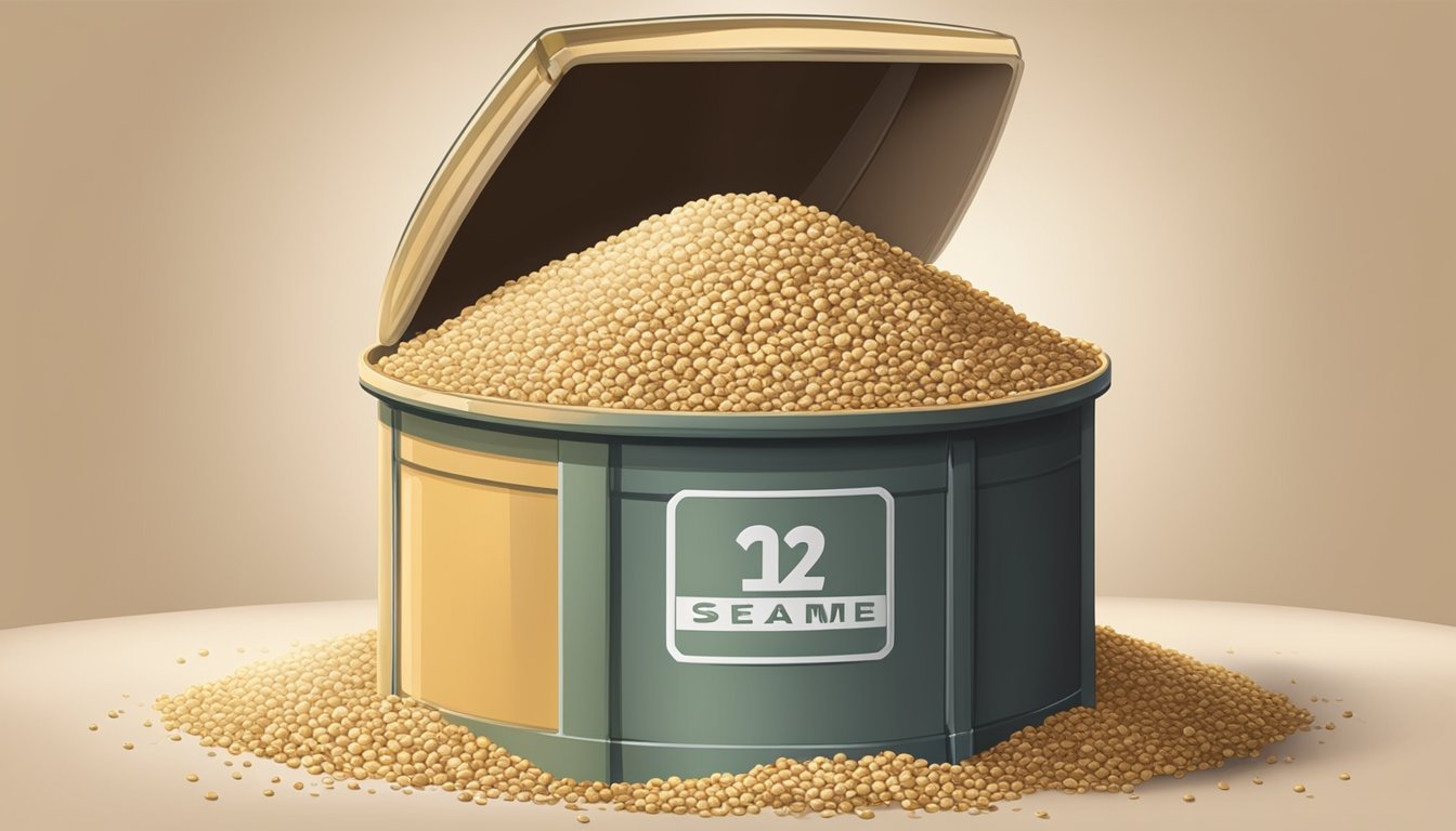 A pile of sesame seeds spilling out of an open, dusty container, with a faint expiration date label in the background