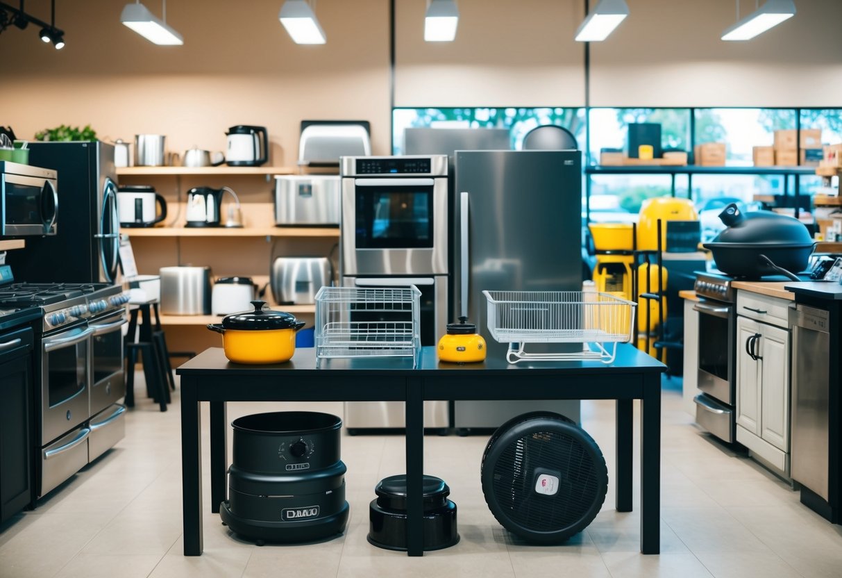 A table with various larger items such as kitchen appliances, furniture, and outdoor equipment displayed in a store or showroom