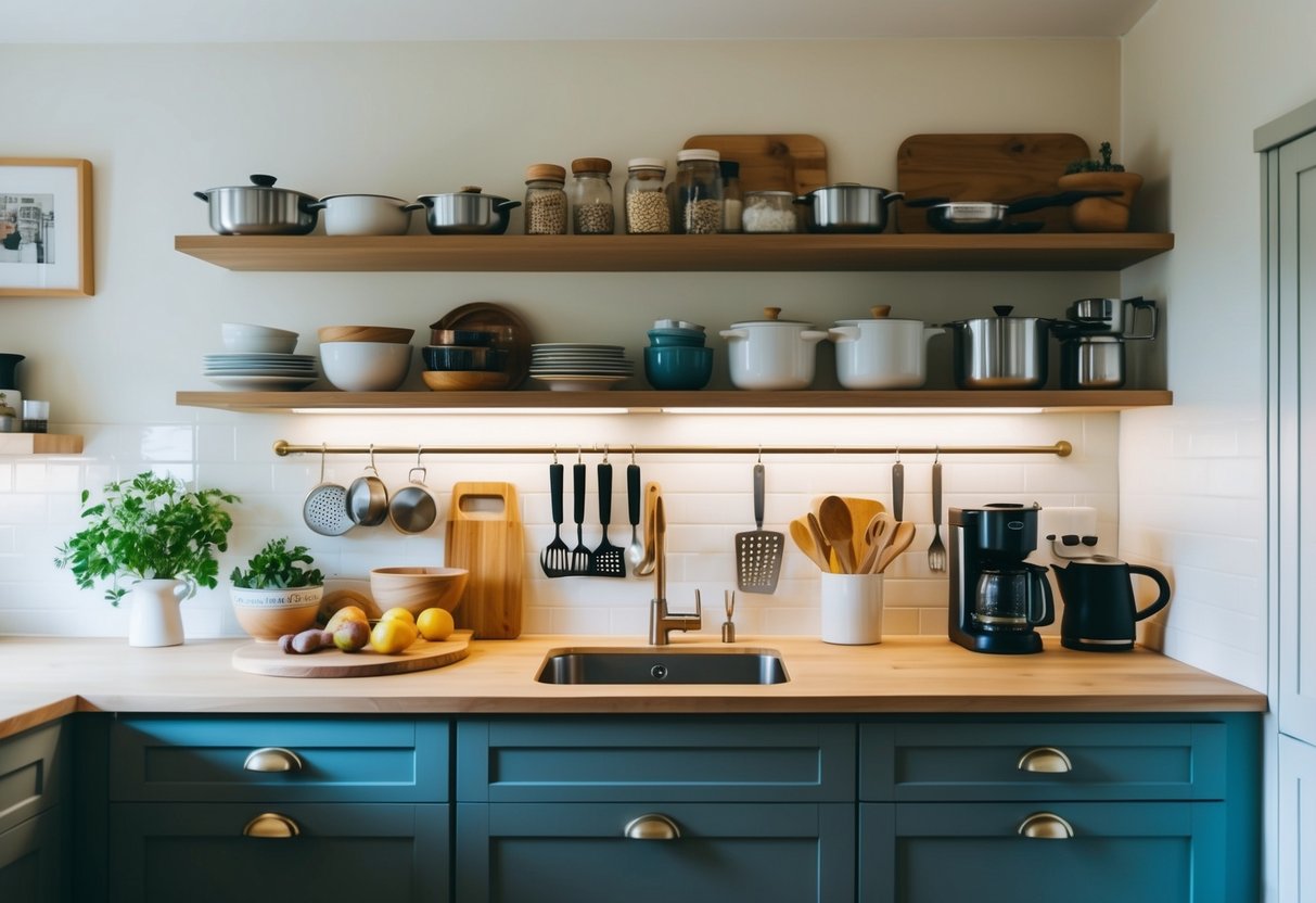 A cozy, clutter-free kitchen with organized shelves and drawers, showcasing essential cooking and dining items for a small space