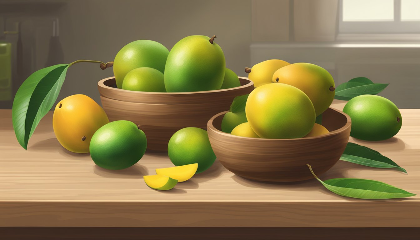 A ripe mango sits next to unripe ones in a fruit bowl. Some are partially green with hints of yellow, while others are still mostly green. The bowl is placed on a wooden kitchen counter