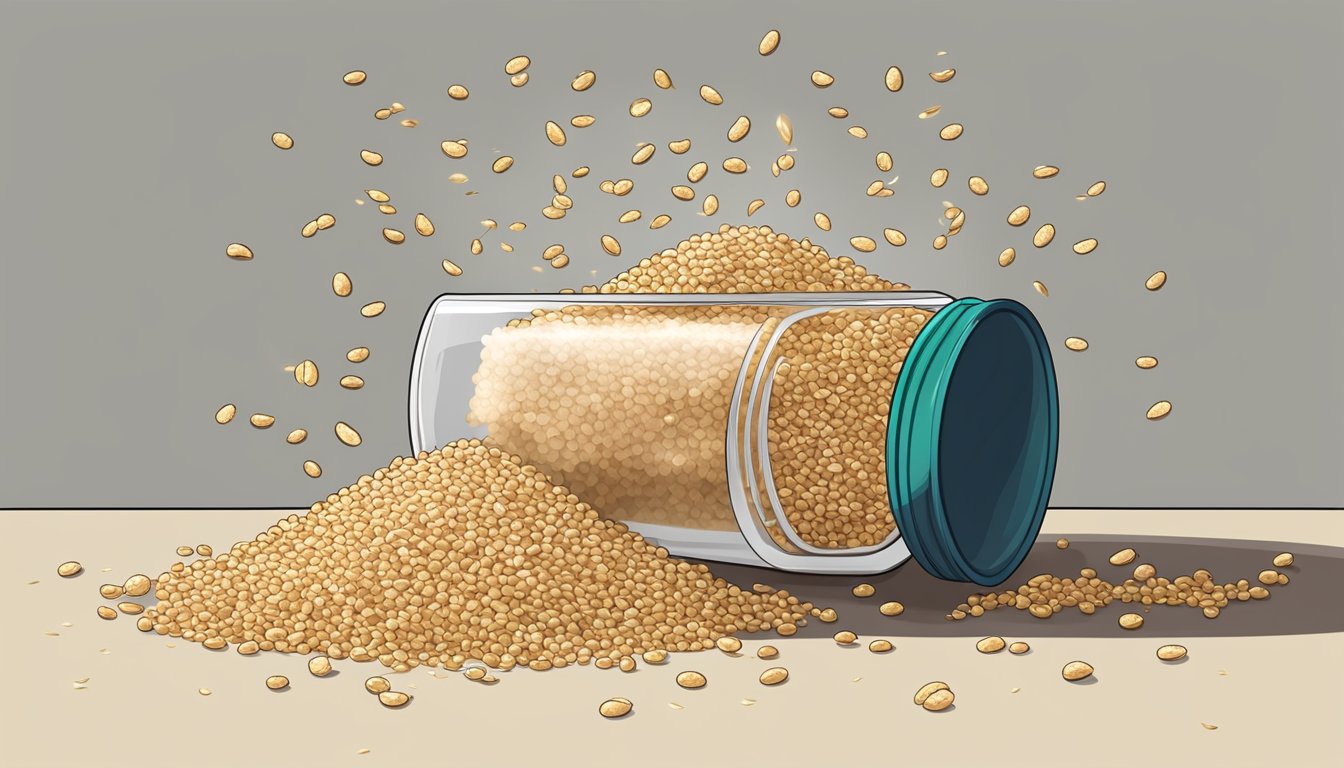 A pile of expired sesame seeds spilling out of an open container, with a label showing the expiration date