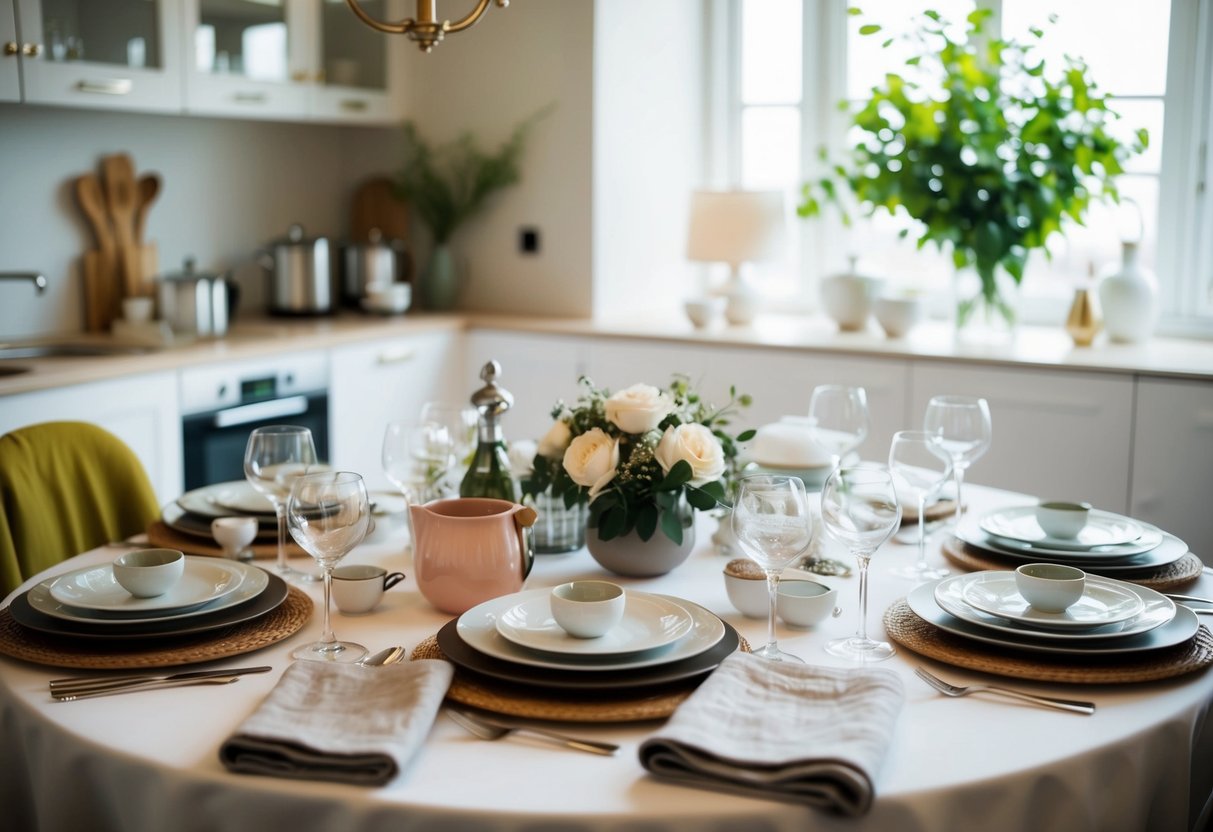 A table set with a variety of elegant and practical household items, such as kitchenware, linens, and decorative pieces