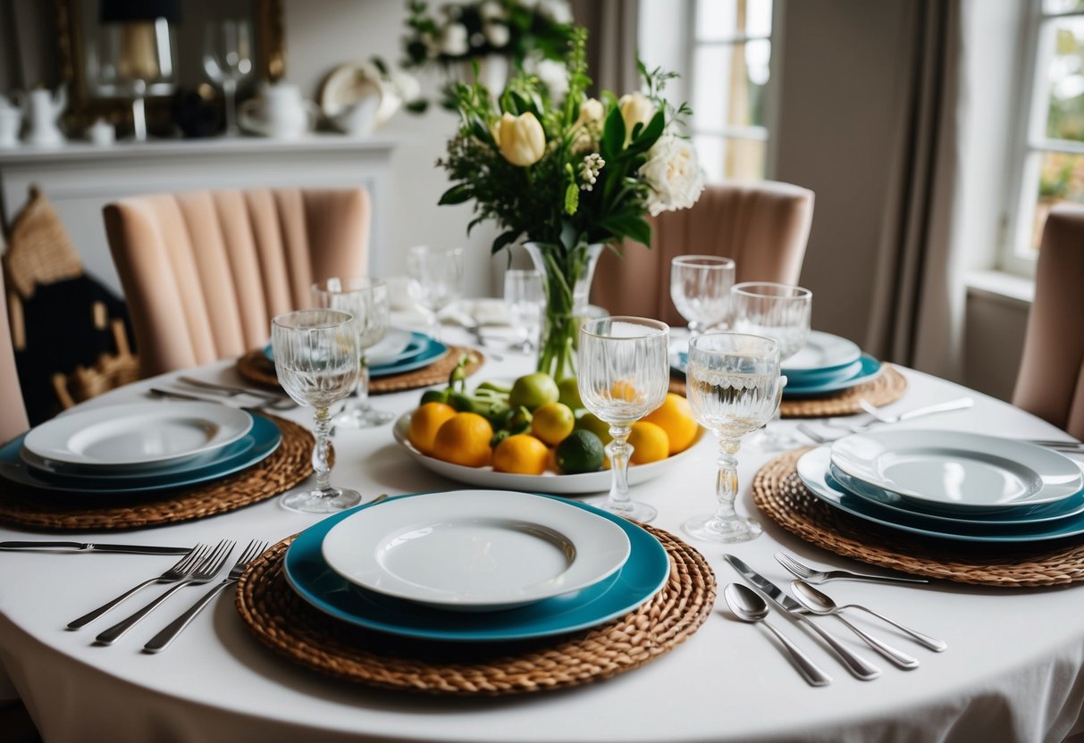 A beautifully set table with elegant dinnerware, glassware, and cutlery, surrounded by thoughtful and practical items for the home