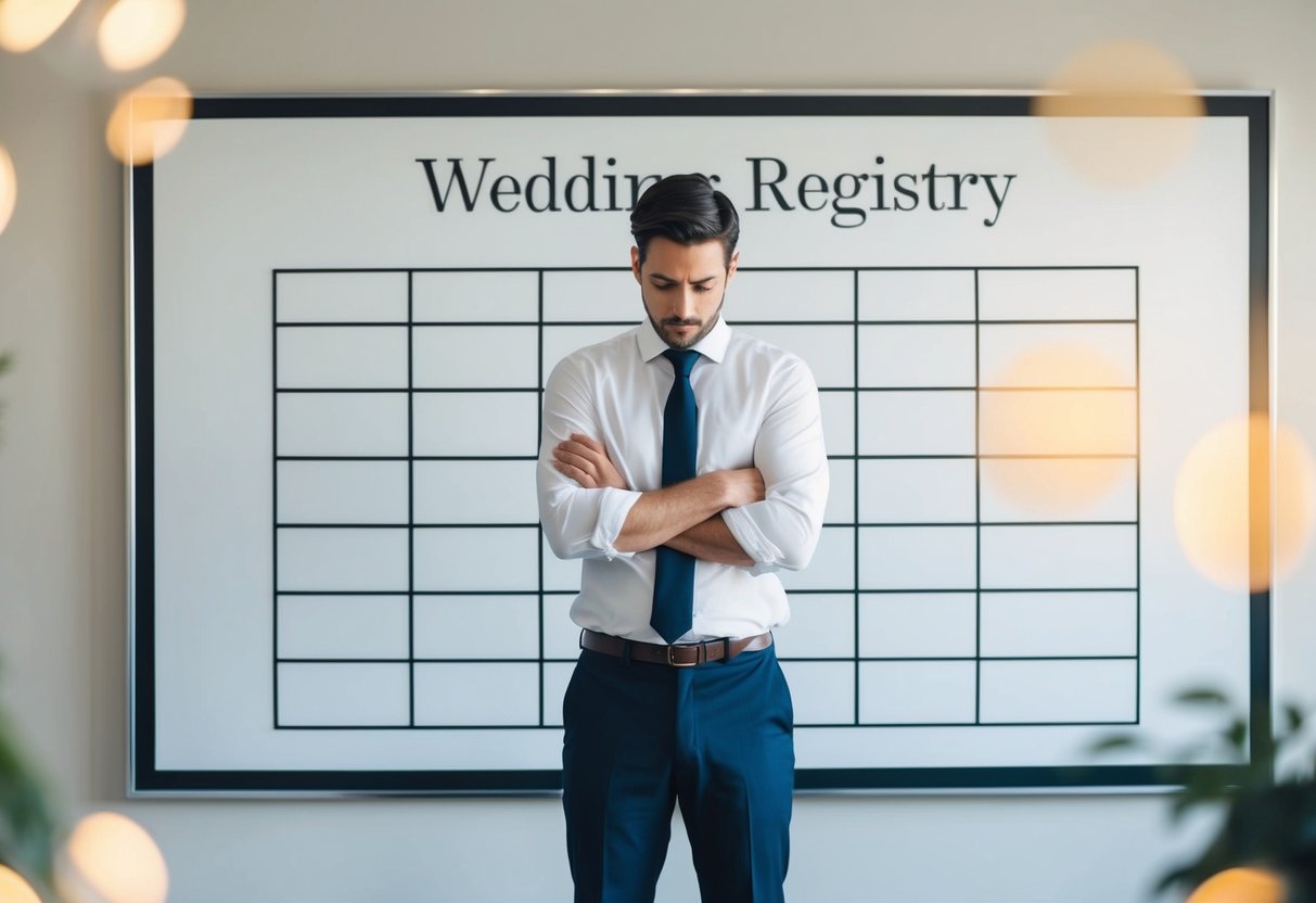 A person standing in front of a blank wedding registry board, looking puzzled and unsure of what to choose