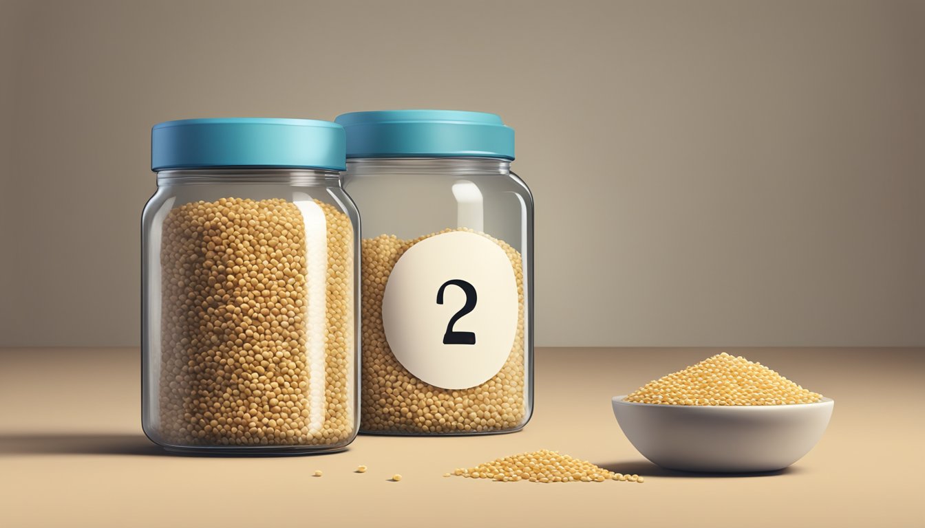 A jar of expired sesame seeds next to a fresh jar, with a question mark above the expired jar