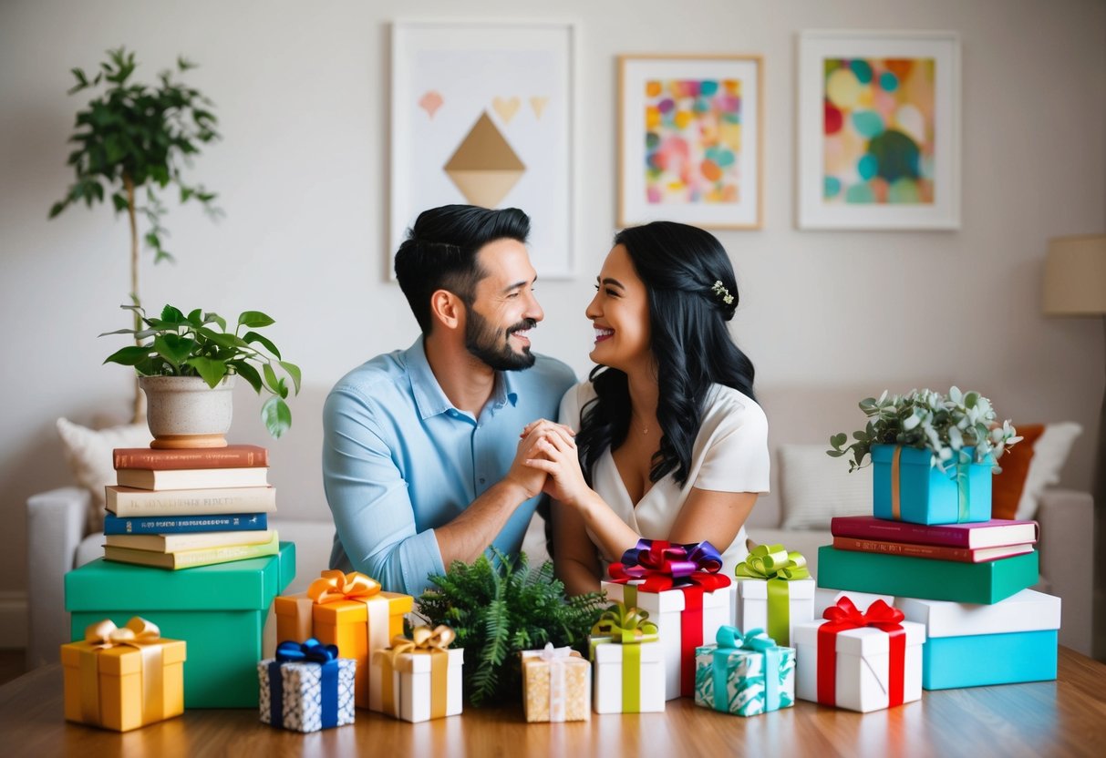 A couple surrounded by meaningful gifts, such as books, plants, and artwork, with no wedding registry in sight