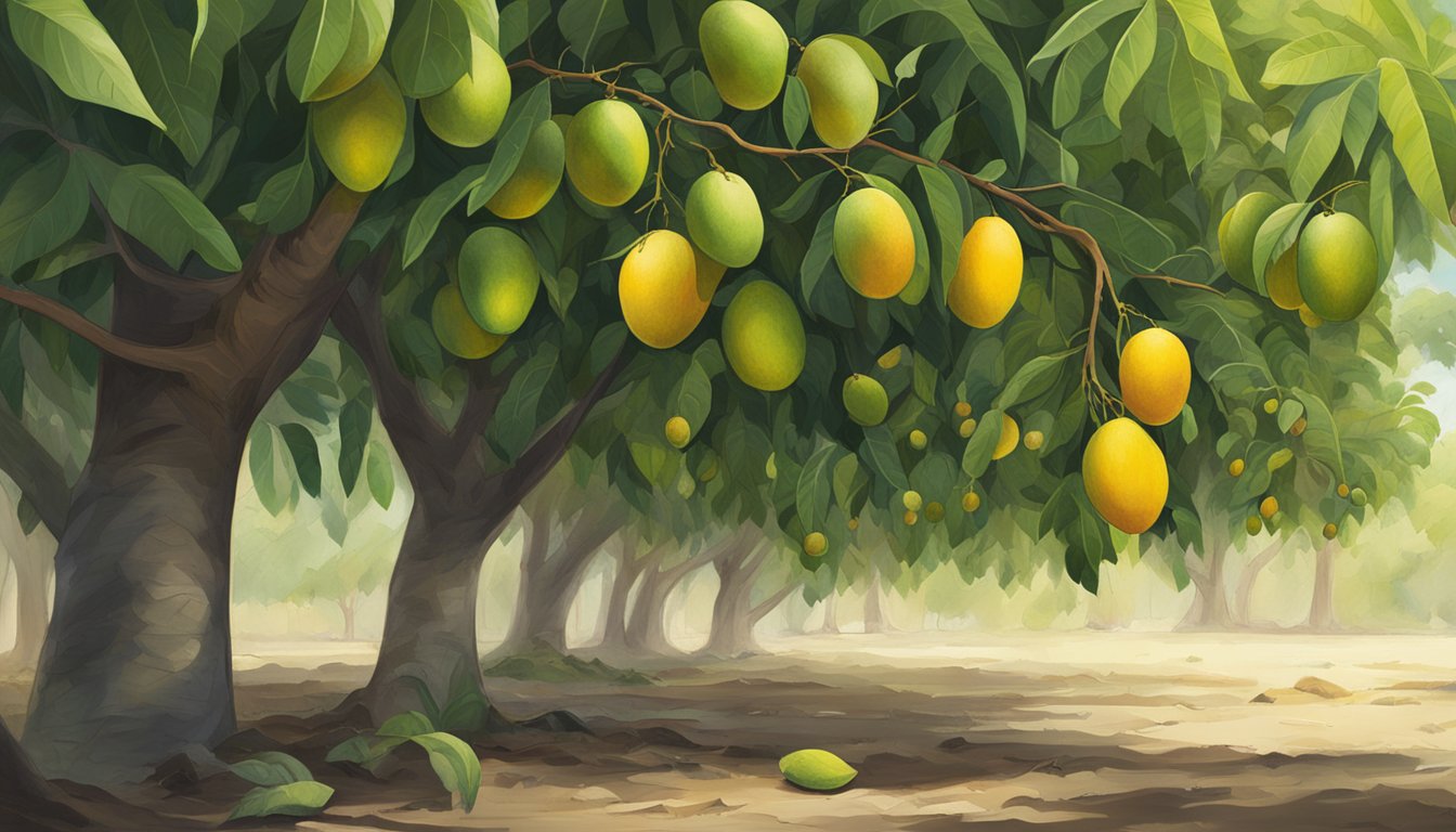 A group of unripe mangoes hanging from a tree, with a few fallen on the ground. Some are green and firm, while others show hints of yellow