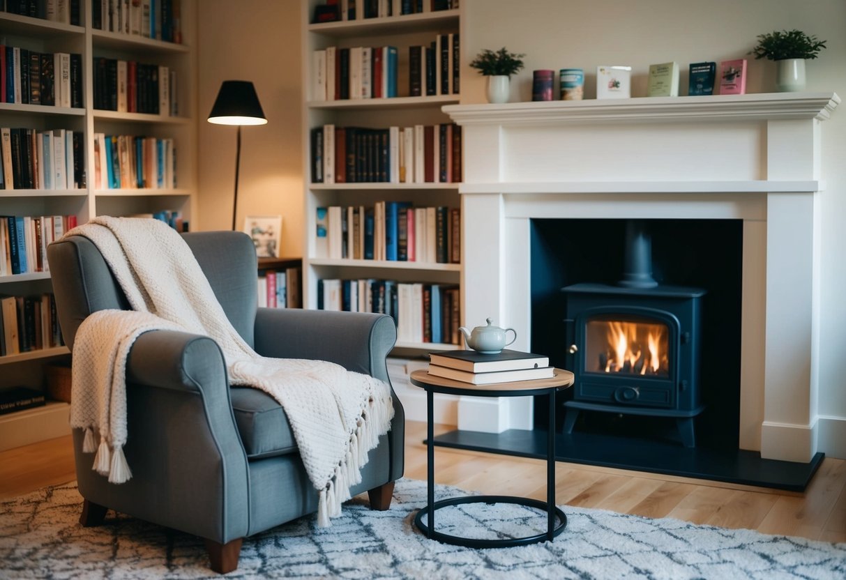 A cozy living room with a fireplace, a bookshelf filled with novels, and a comfortable armchair with a soft blanket draped over it. A small table holds a collection of teas and a journal for writing