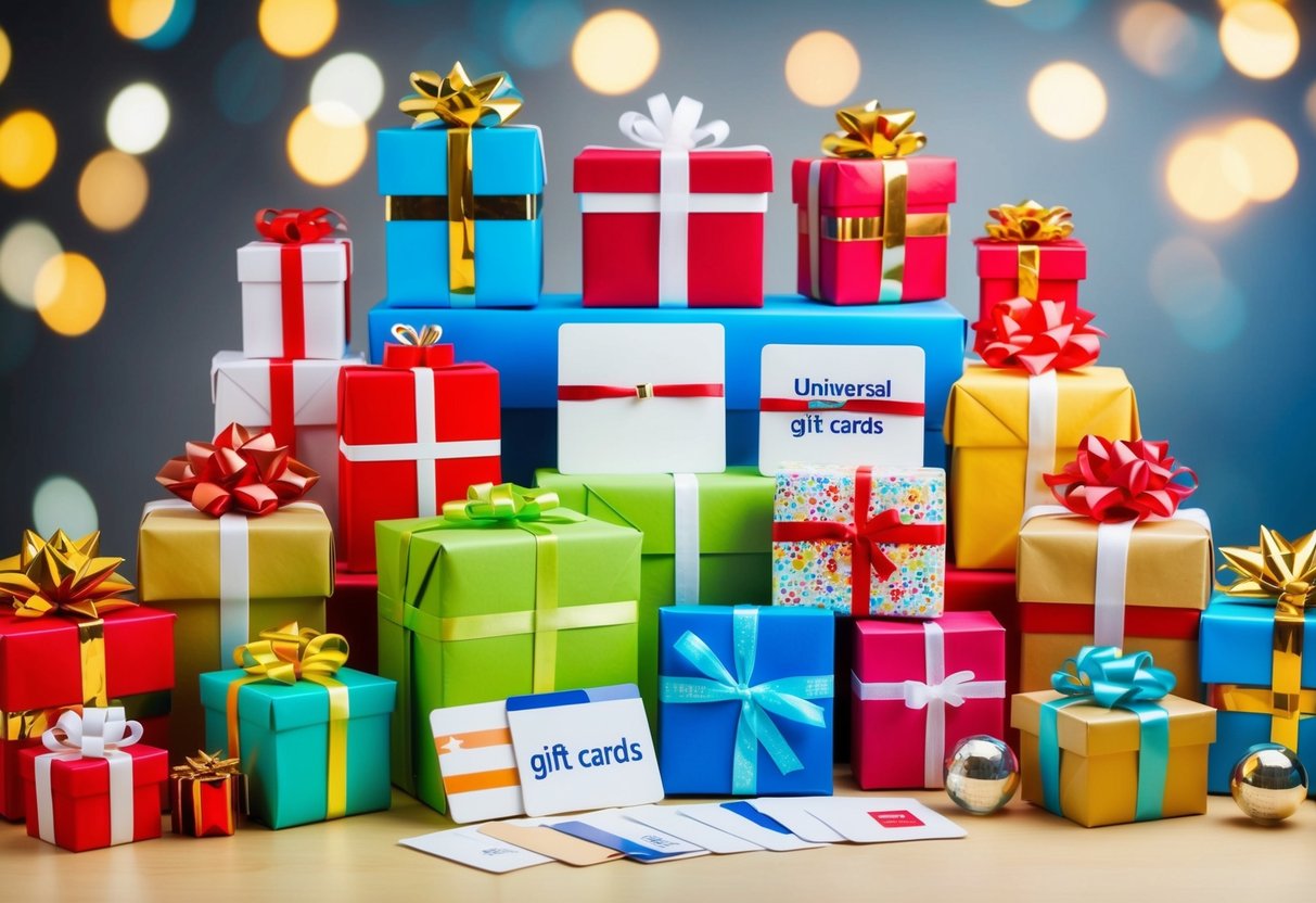A colorful display of gift cards and various universal gift options arranged on a table with decorative wrapping and ribbons