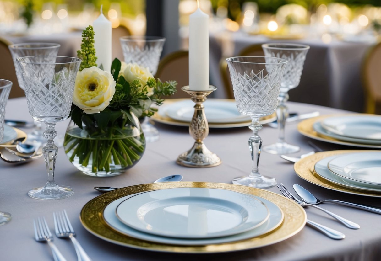 A table set with fine china, crystal glasses, and silverware. A vase of fresh flowers, elegant candlesticks, and a decorative serving platter
