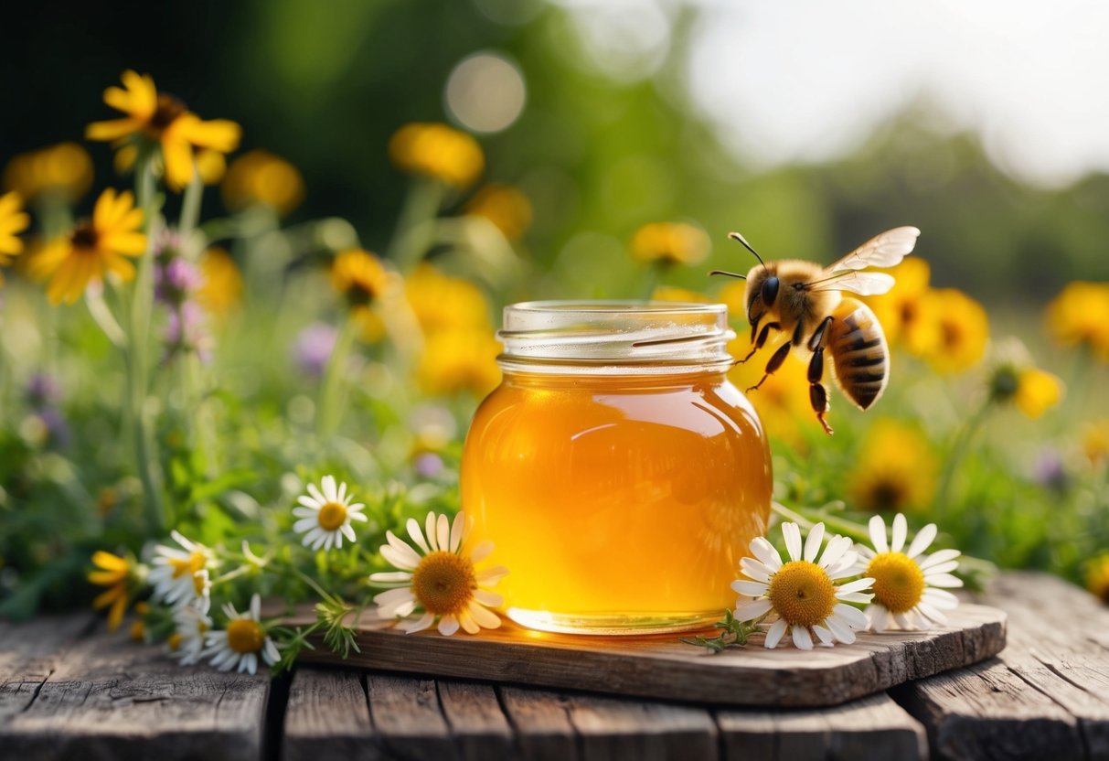 A jar of honey sits on a rustic wooden table, surrounded by wildflowers and a buzzing bee