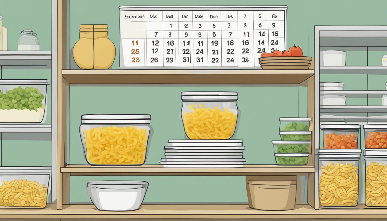 A pantry shelf with expired pasta salad mix next to a calendar showing the current date