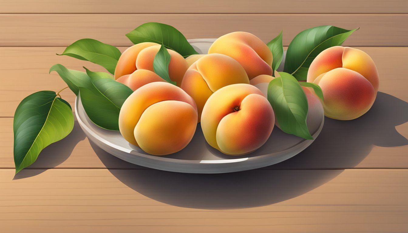 A cluster of peaches, some green and firm, others soft and golden, sit on a wooden surface