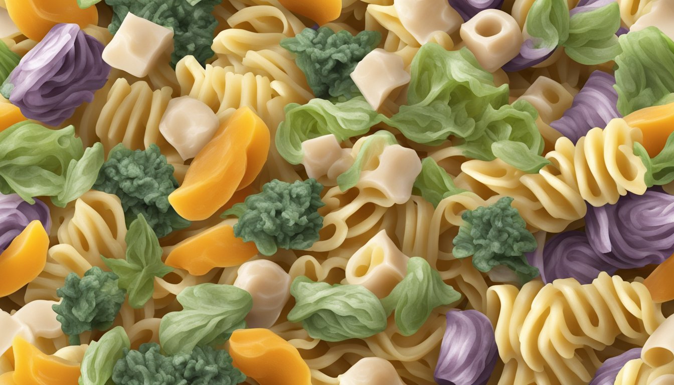 Moldy pasta salad mix in an open, expired package, with a foul odor and discolored, slimy pasta and vegetables