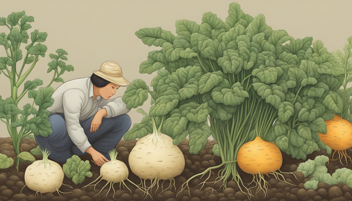 A jicama plant with its tuberous roots exposed, surrounded by other vegetables, with a curious person inspecting it