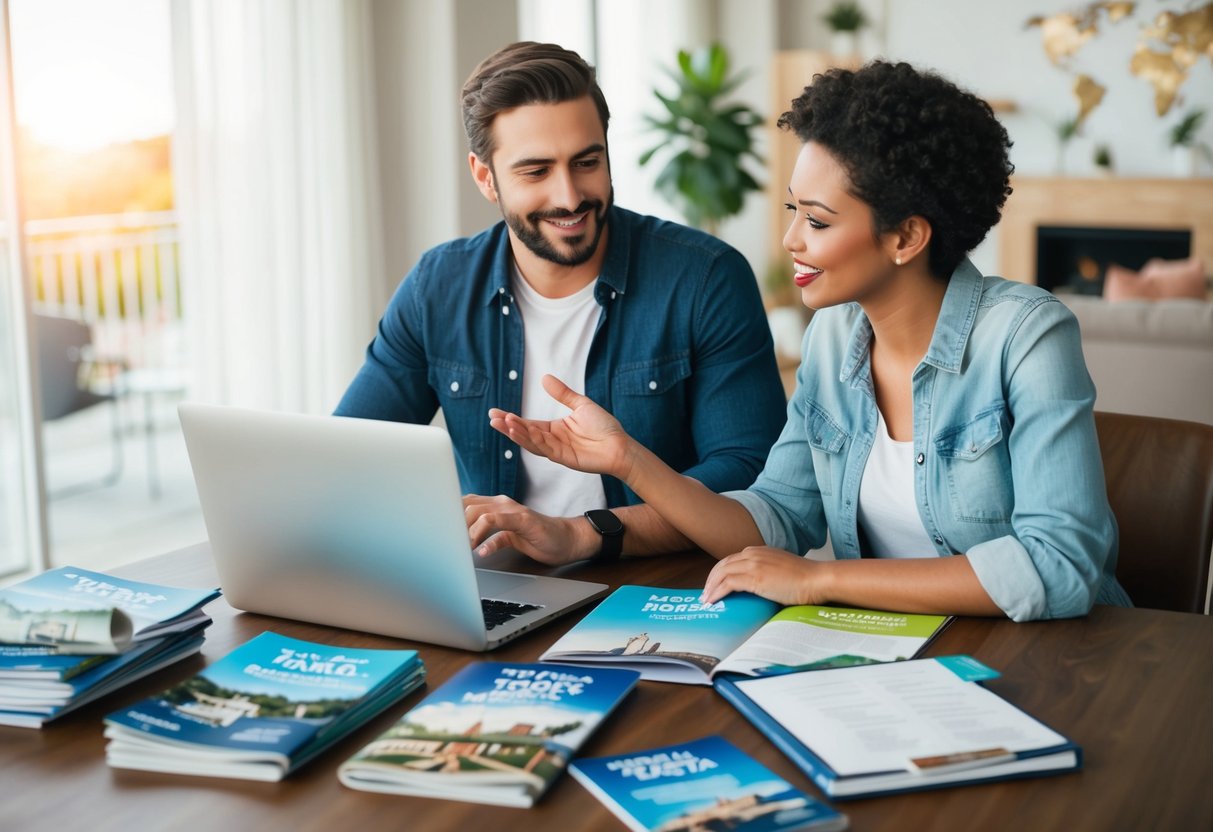 A couple sitting at a table, surrounded by travel brochures, a laptop, and a list of desired experiences. They are discussing and planning their dream honeymoon and future adventures