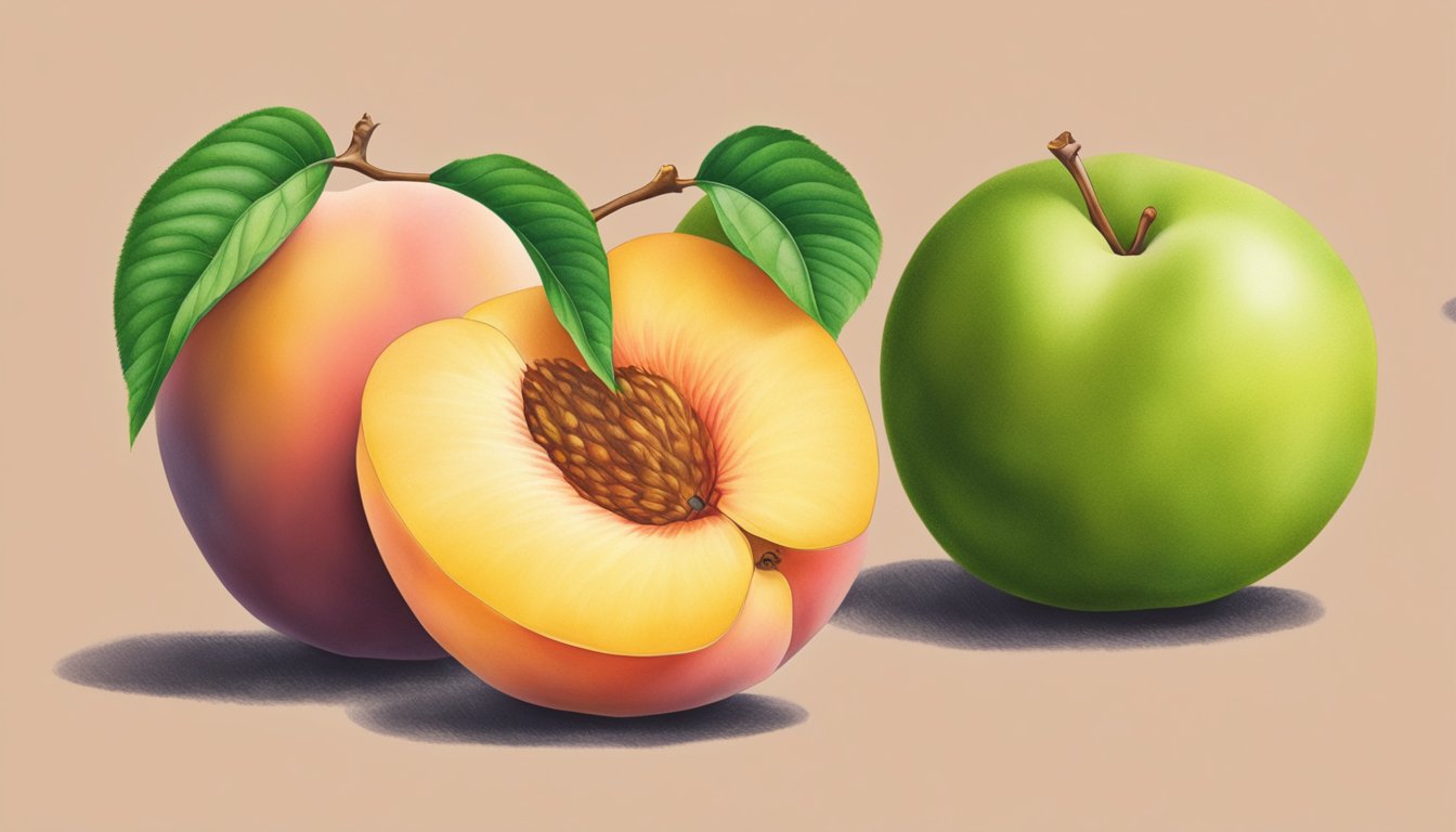 An unripe peach beside a ripe one, with a question mark above it