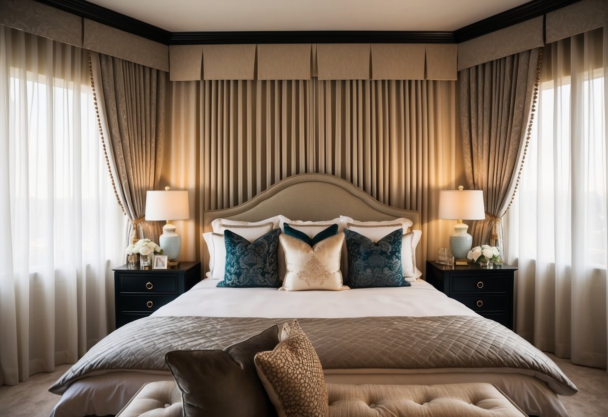 A cozy bedroom with a stylish bed, adorned with luxurious bedding and decorative pillows, set against a backdrop of elegant curtains and soft lighting