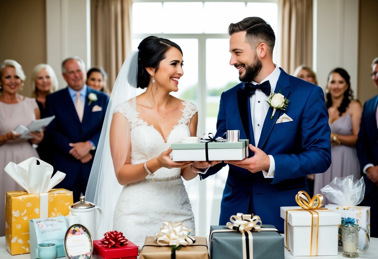 A bride and groom receiving gifts from guests at a wedding. Items such as kitchenware, home decor, and experiences are displayed on a table
