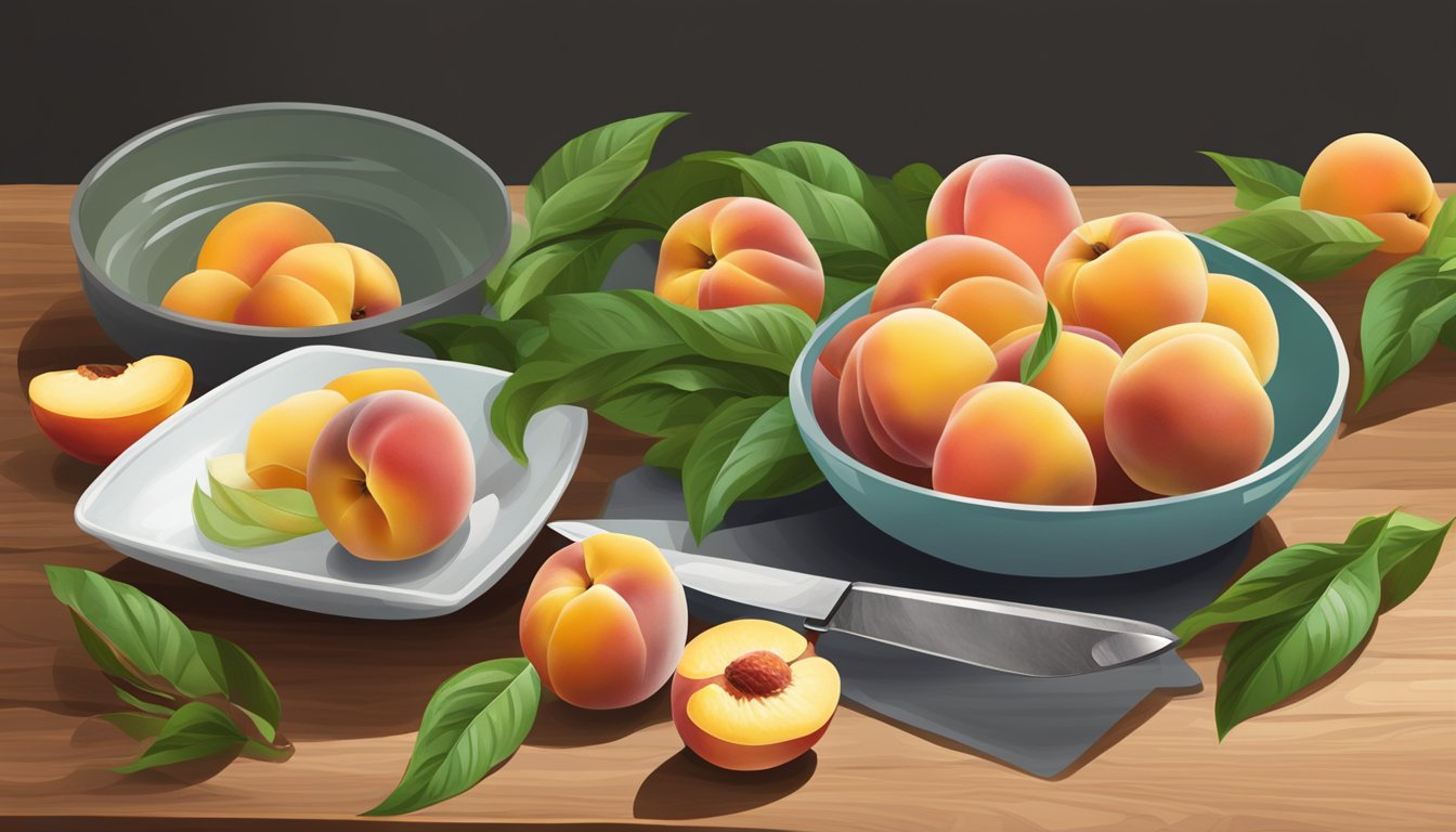 A pile of unripe peaches on a wooden cutting board, next to a knife and a bowl of sugar