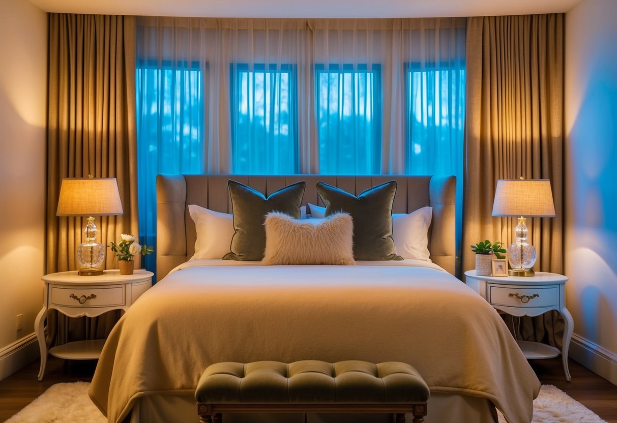 A cozy bedroom with a beautifully made bed, adorned with plush pillows and a soft comforter, surrounded by elegant bedside tables and warm lighting