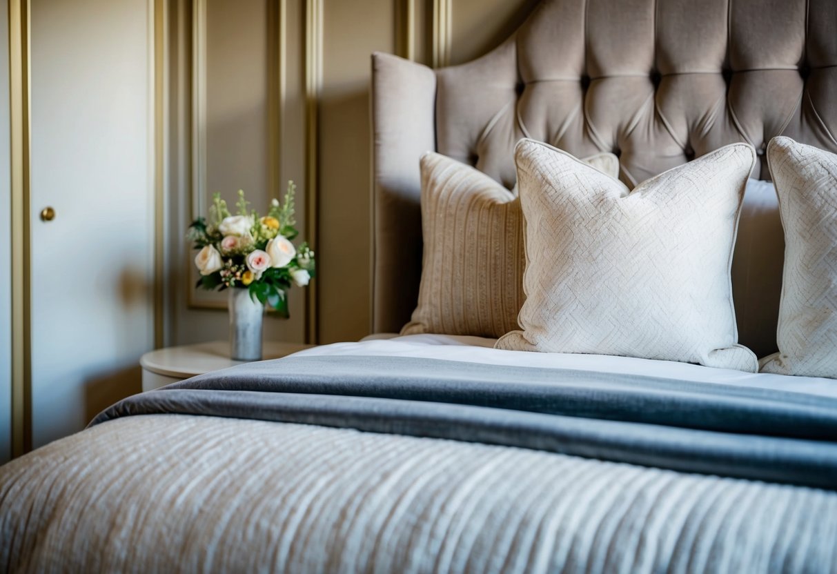 A cozy bedroom with a luxurious bed, adorned with soft pillows and a plush comforter. A bedside table holds a vase of fresh flowers
