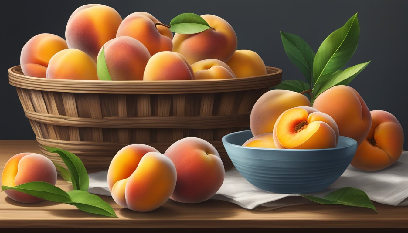 A basket of peaches, some ripe and some unripe, sitting on a wooden table next to a bowl of ethylene-producing fruits