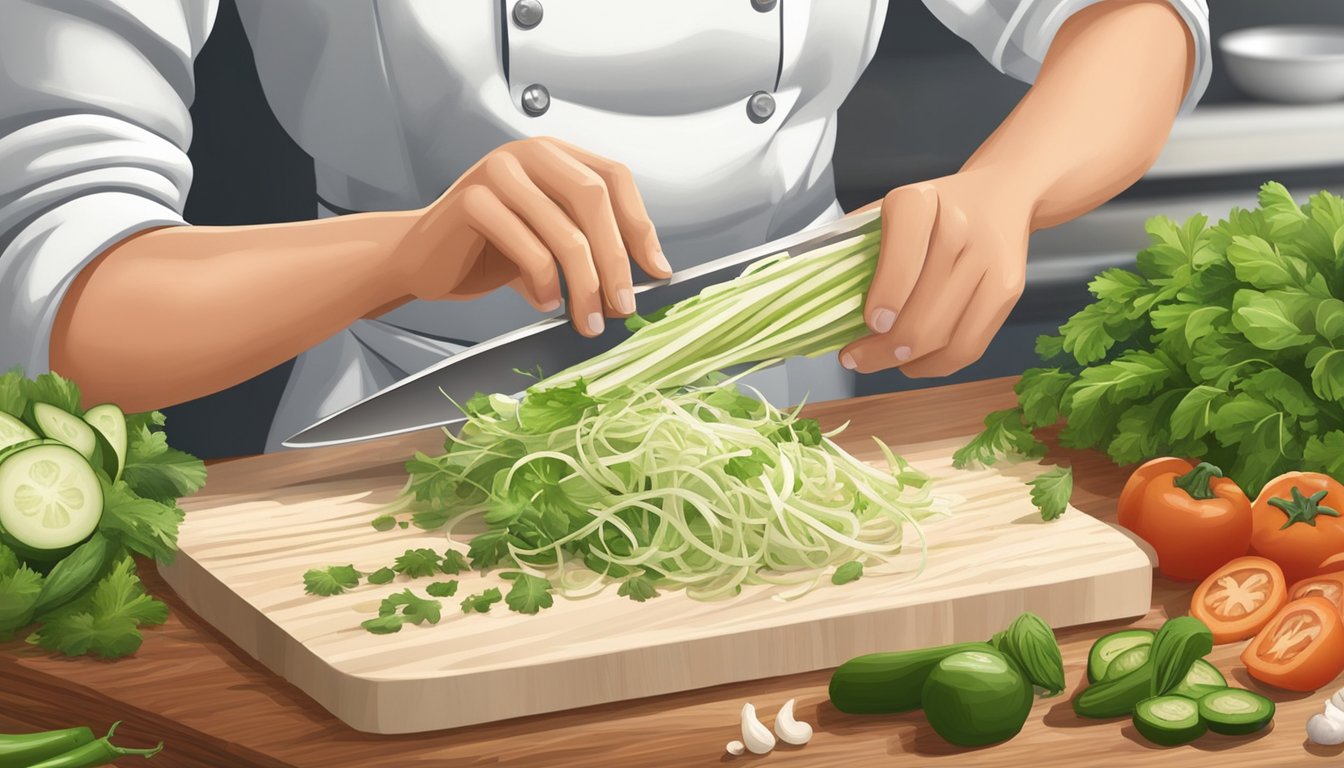 A chef slicing jicama into thin strips, surrounded by various fresh vegetables and herbs on a cutting board