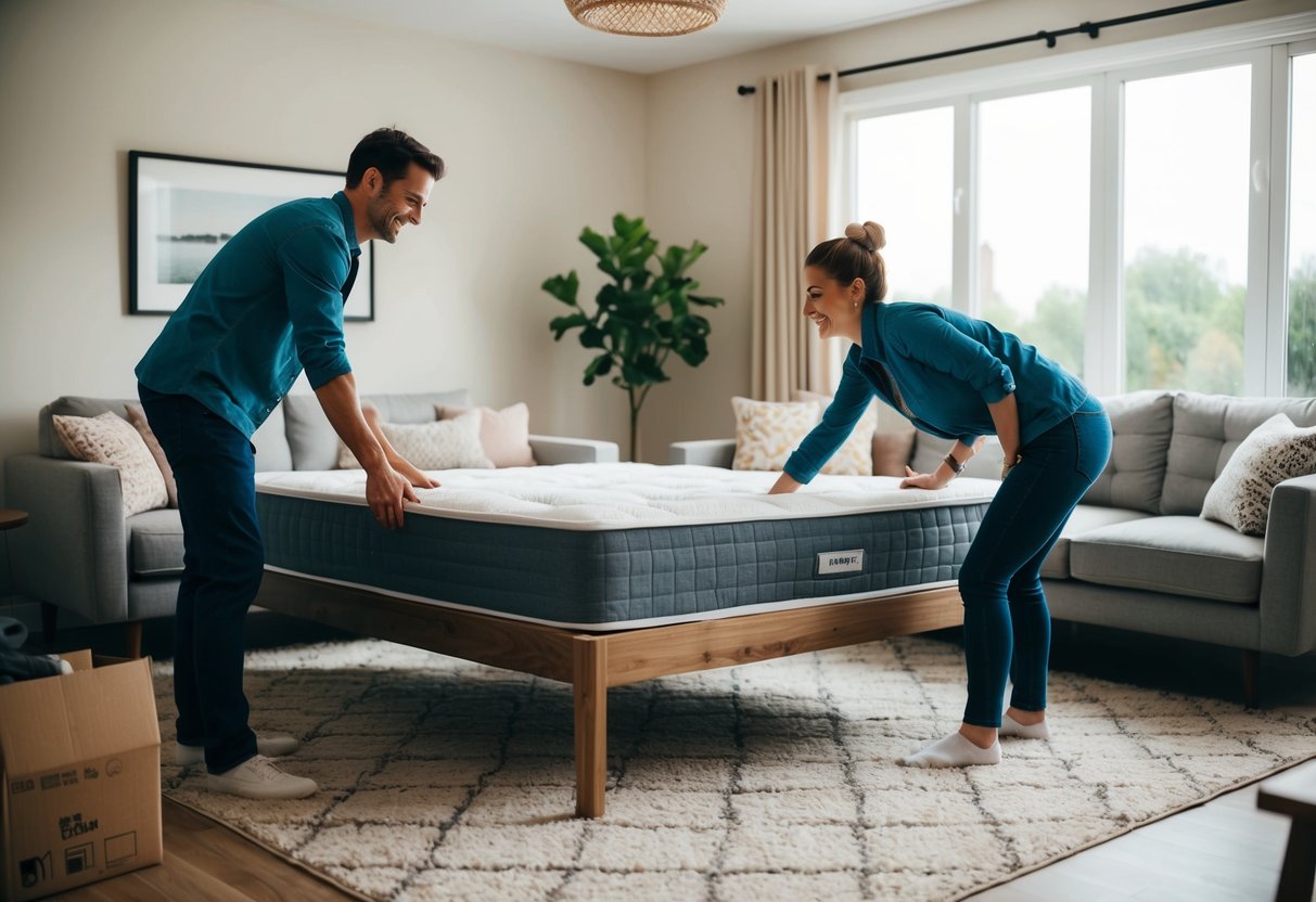 A couple assembling furniture in a cozy living room, placing a bed frame and mattress together with a sense of excitement and anticipation