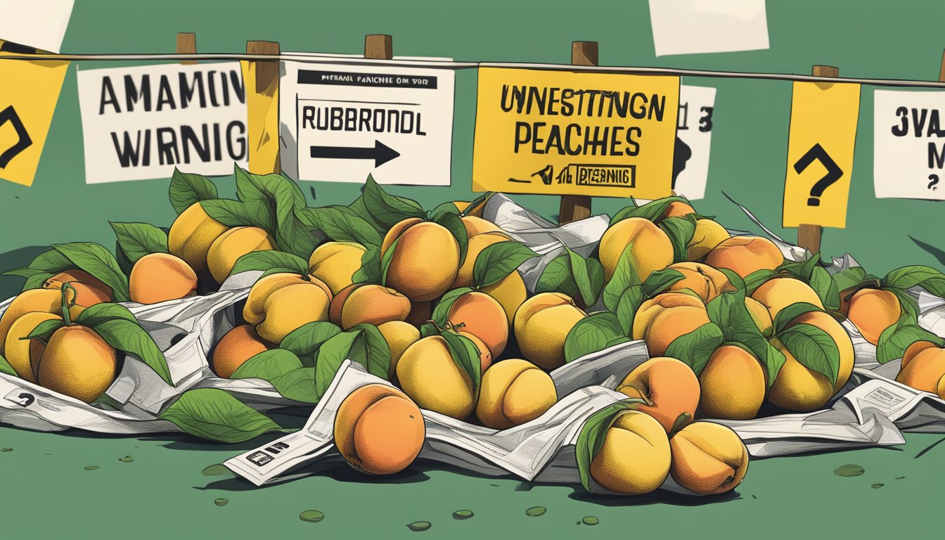 A pile of unripe peaches with a question mark hovering above them, surrounded by caution tape and warning signs